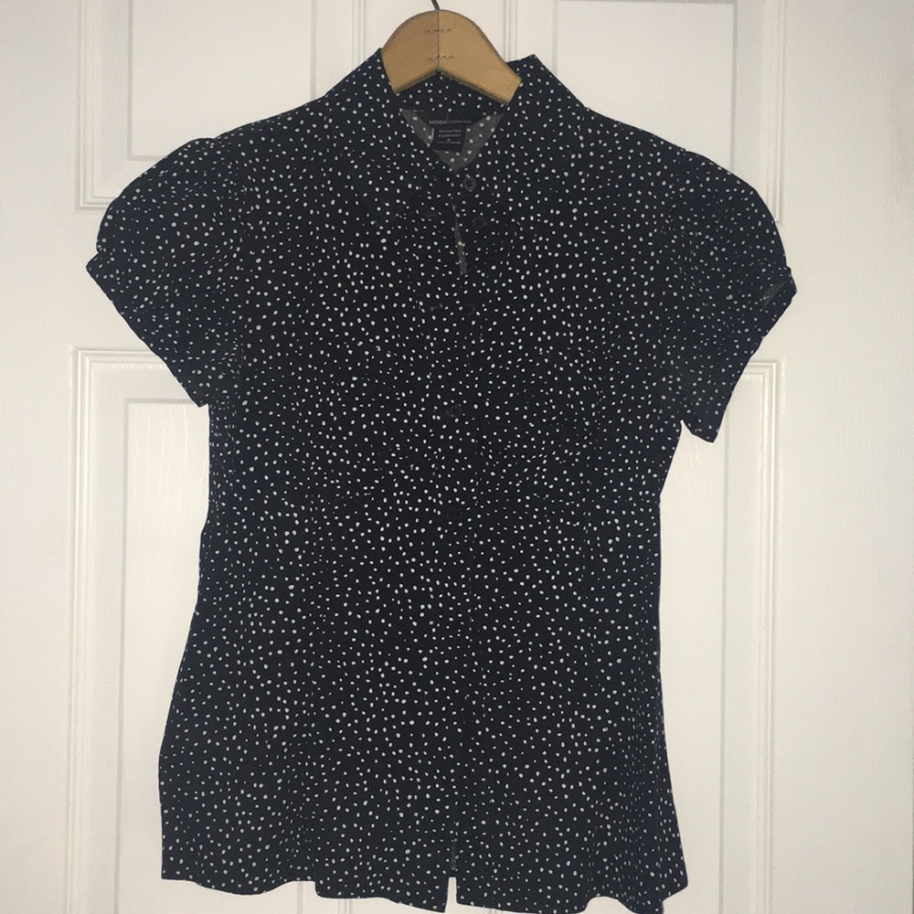 Dress shirt. Black and white polka dot.  Fitted.